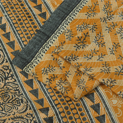 Sanskriti Vintage Art Silk Indian Sarees Yellow Printed Sari Craft 5 YD Fabric