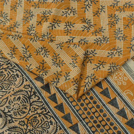 Sanskriti Vintage Art Silk Indian Sarees Yellow Printed Sari Craft 5 YD Fabric
