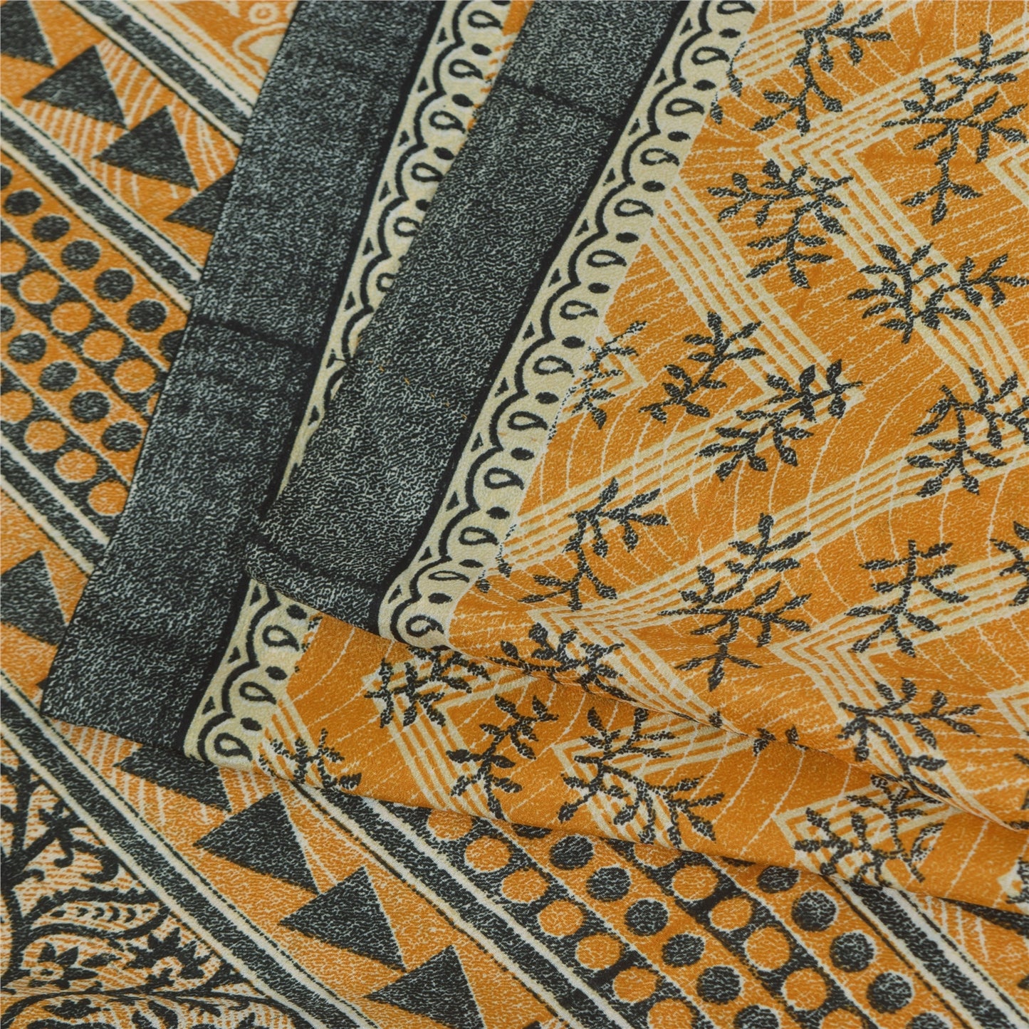 Sanskriti Vintage Art Silk Indian Sarees Yellow Printed Sari Craft 5 YD Fabric