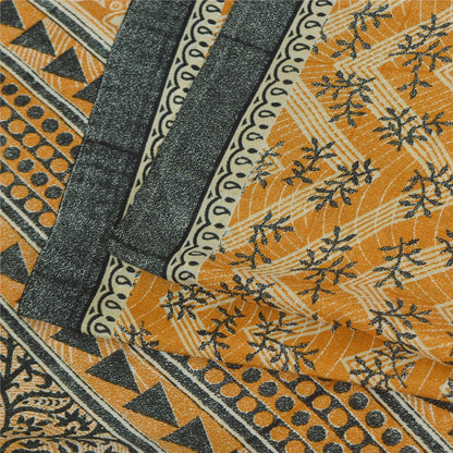 Sanskriti Vintage Art Silk Indian Sarees Yellow Printed Sari Craft 5 YD Fabric