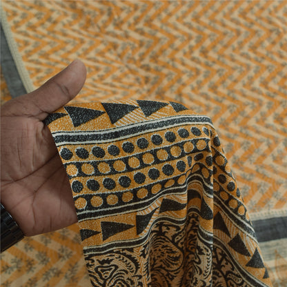 Sanskriti Vintage Art Silk Indian Sarees Yellow Printed Sari Craft 5 YD Fabric