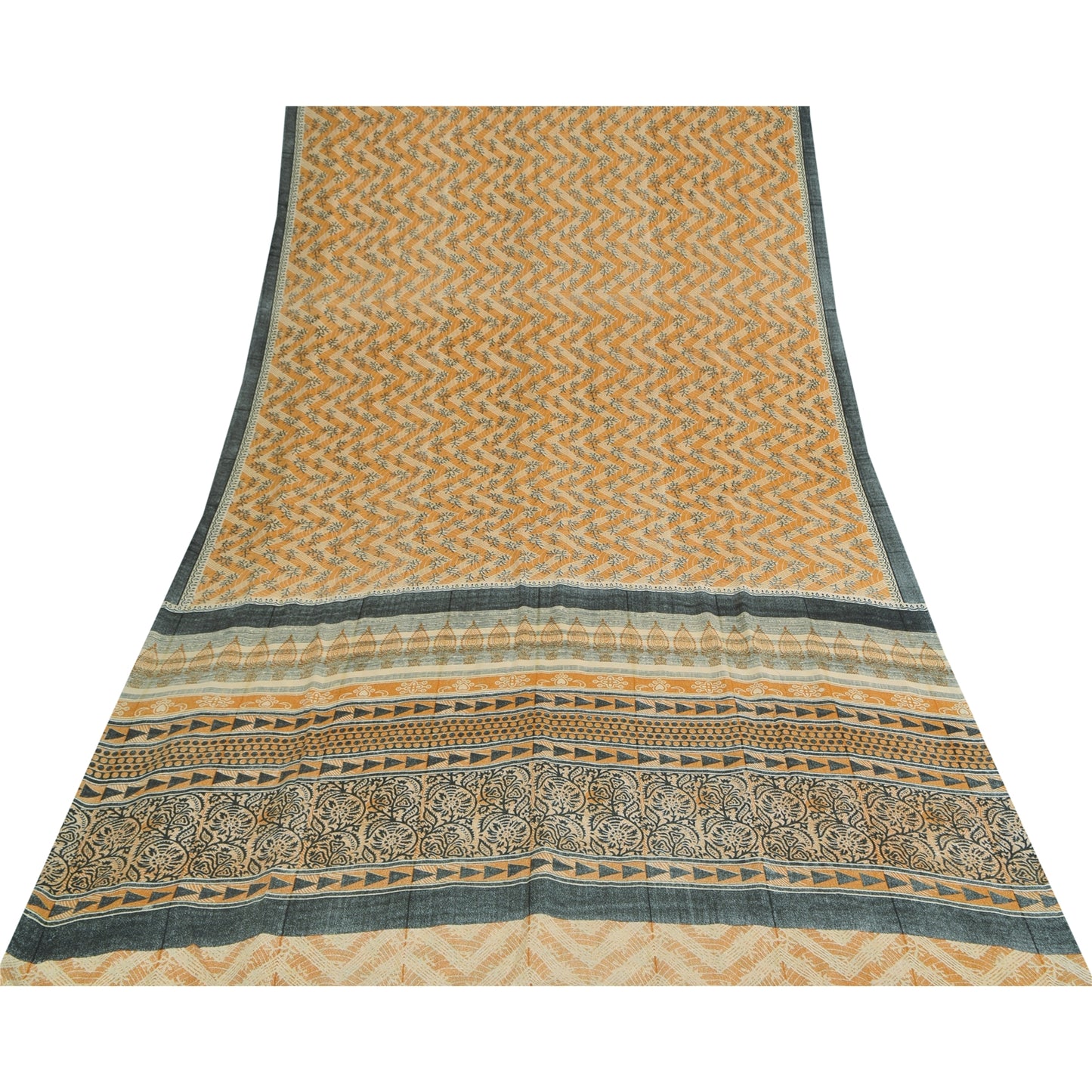 Sanskriti Vintage Art Silk Indian Sarees Yellow Printed Sari Craft 5 YD Fabric