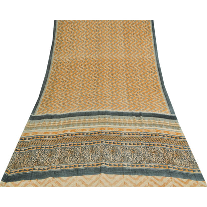 Sanskriti Vintage Art Silk Indian Sarees Yellow Printed Sari Craft 5 YD Fabric