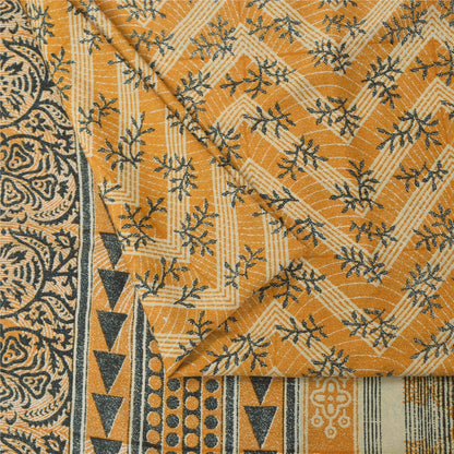 Sanskriti Vintage Art Silk Indian Sarees Yellow Printed Sari Craft 5 YD Fabric