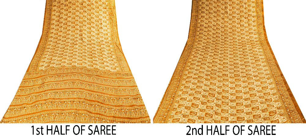 Sanskriti Vintage Art Silk Saree Printed Sari Craft Cream Decor Sustainable Fabric