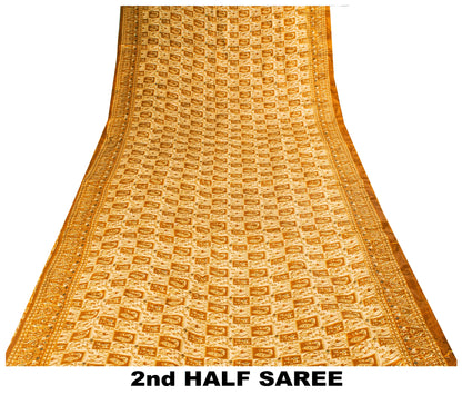 Sanskriti Vintage Art Silk Saree Printed Sari Craft Cream Decor Sustainable Fabric