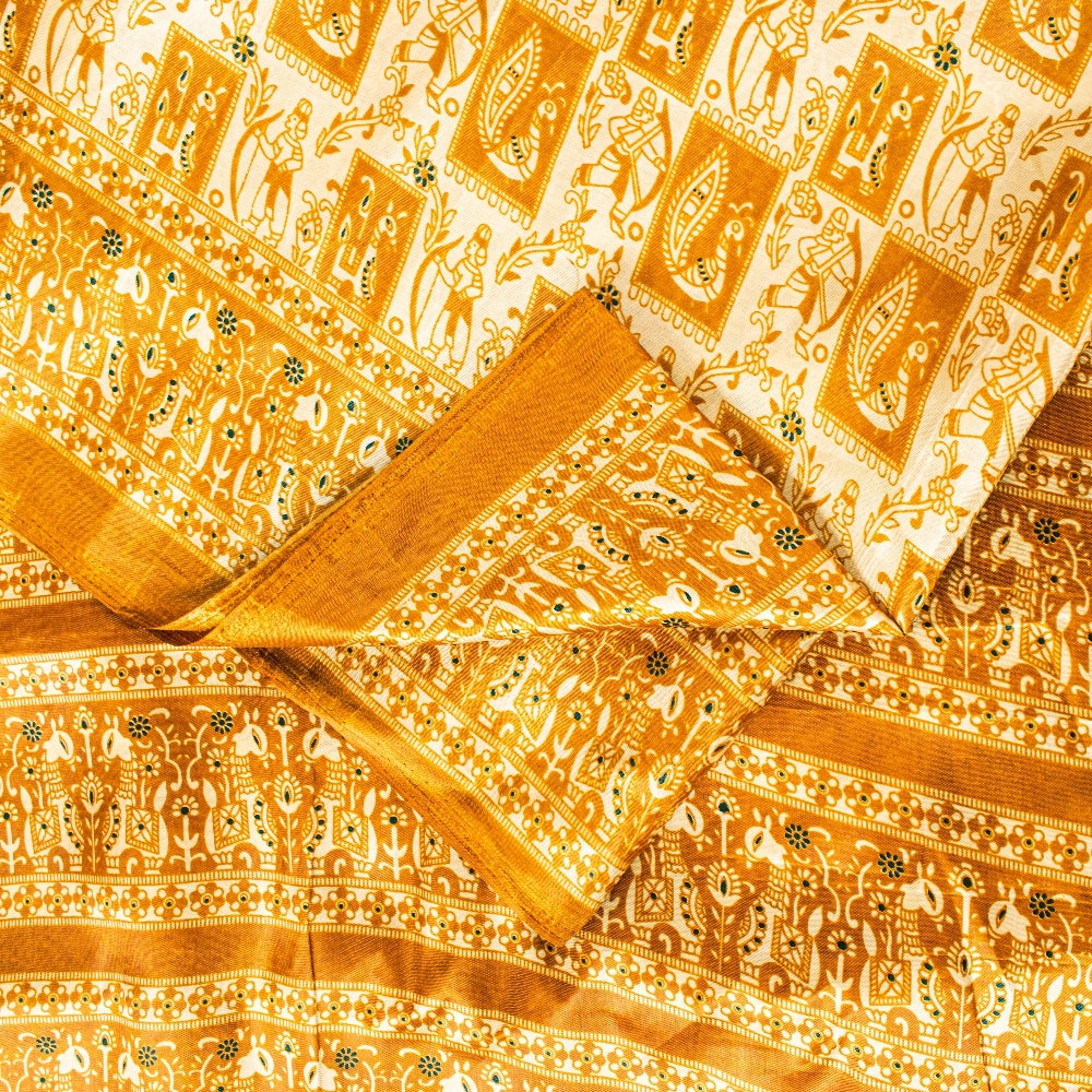 Sanskriti Vintage Art Silk Saree Printed Sari Craft Cream Decor Sustainable Fabric