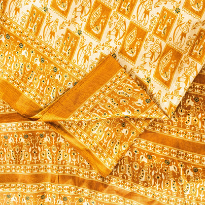 Sanskriti Vintage Art Silk Saree Printed Sari Craft Cream Decor Sustainable Fabric