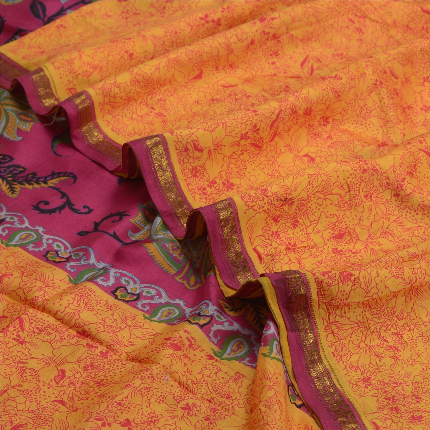 Sanskriti Vintage Yellow/Pink Sarees Printed Pure Silk Zari Border Sari Sustainable Fabric