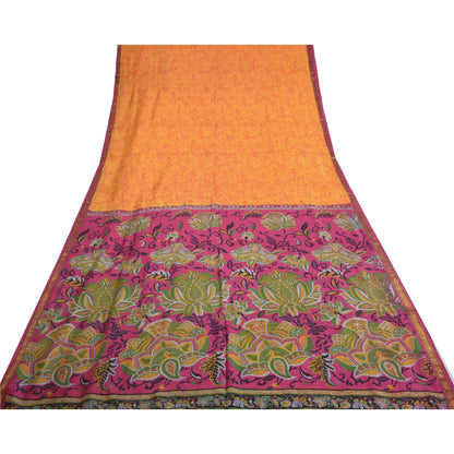 Sanskriti Vintage Yellow/Pink Sarees Printed Pure Silk Zari Border Sari Sustainable Fabric