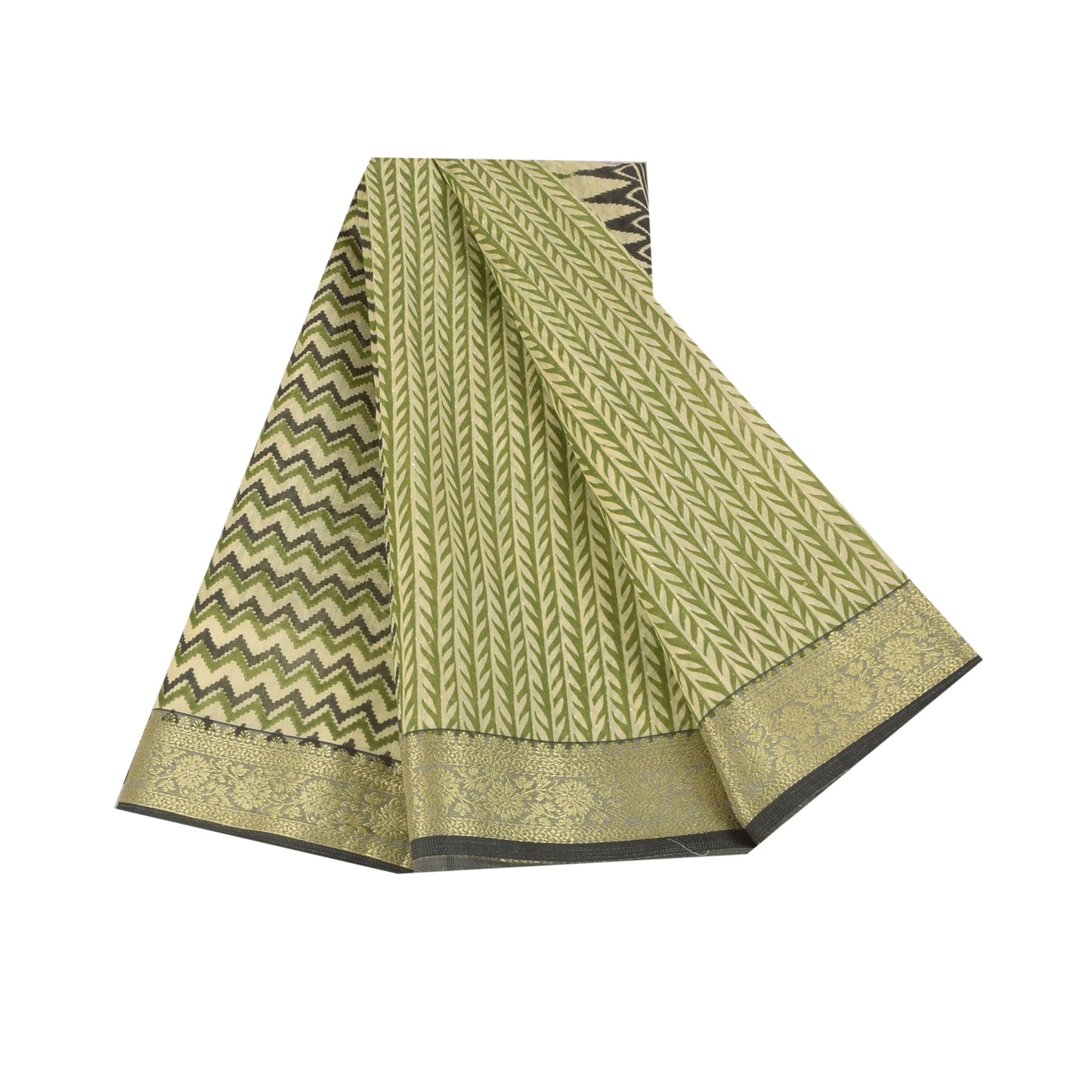 Sanskriti Vintage Green Cotton Sarees Craft Printed Golden Border Sari Fabric