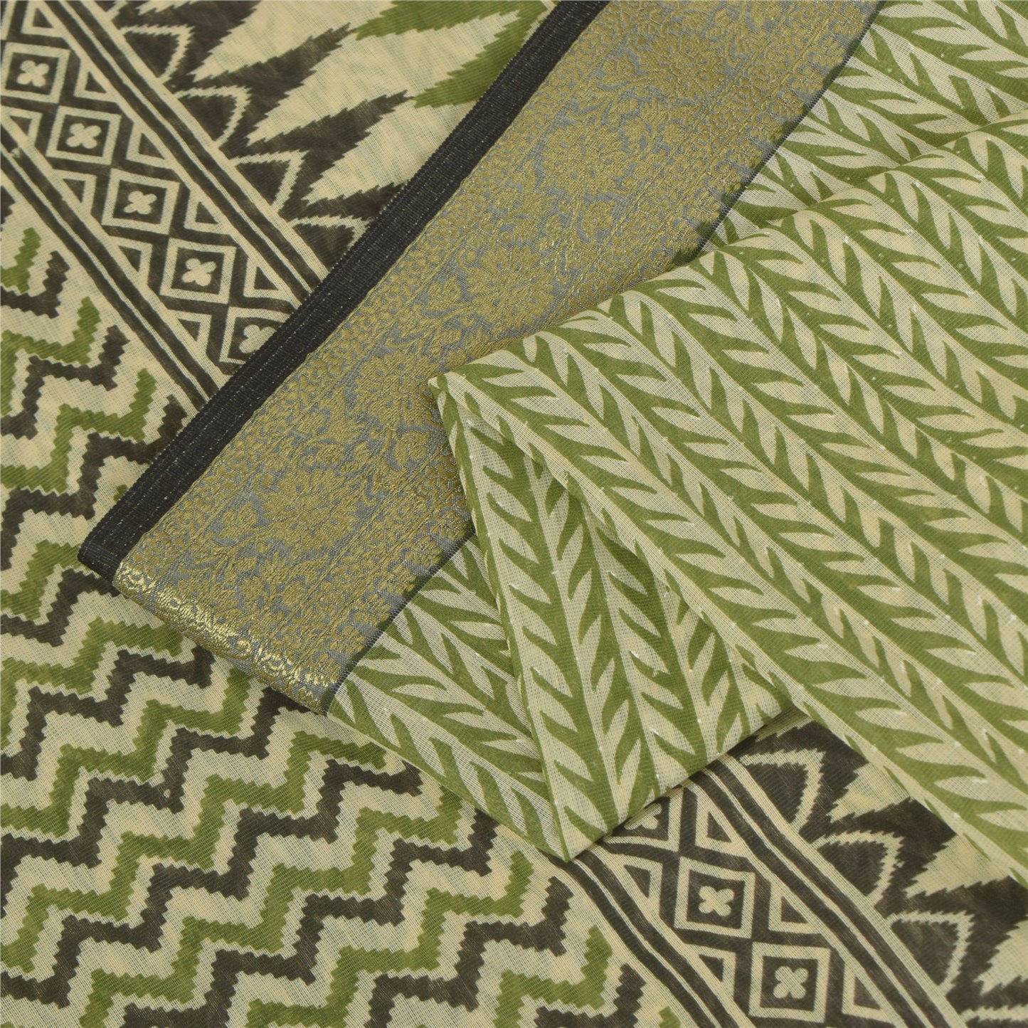 Sanskriti Vintage Green Cotton Sarees Craft Printed Golden Border Sari Fabric