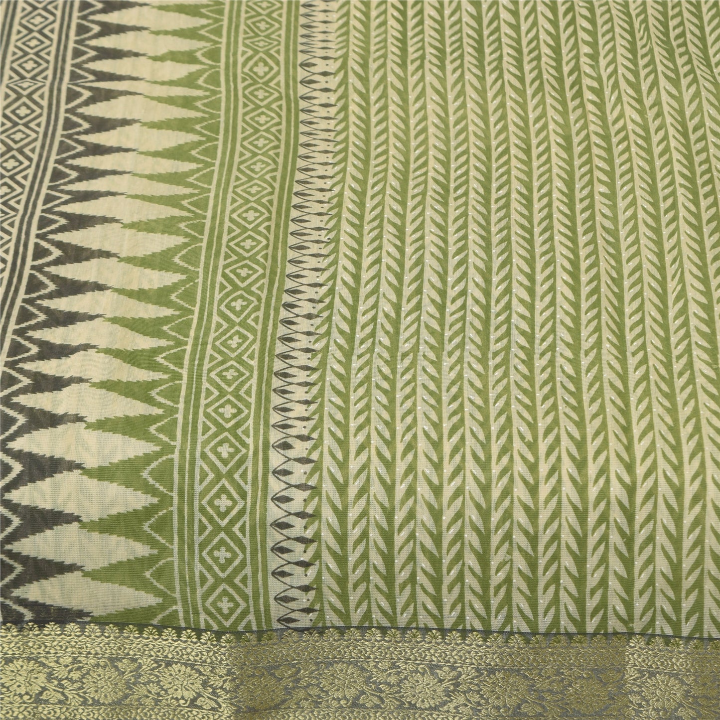 Sanskriti Vintage Green Cotton Sarees Craft Printed Golden Border Sari Fabric
