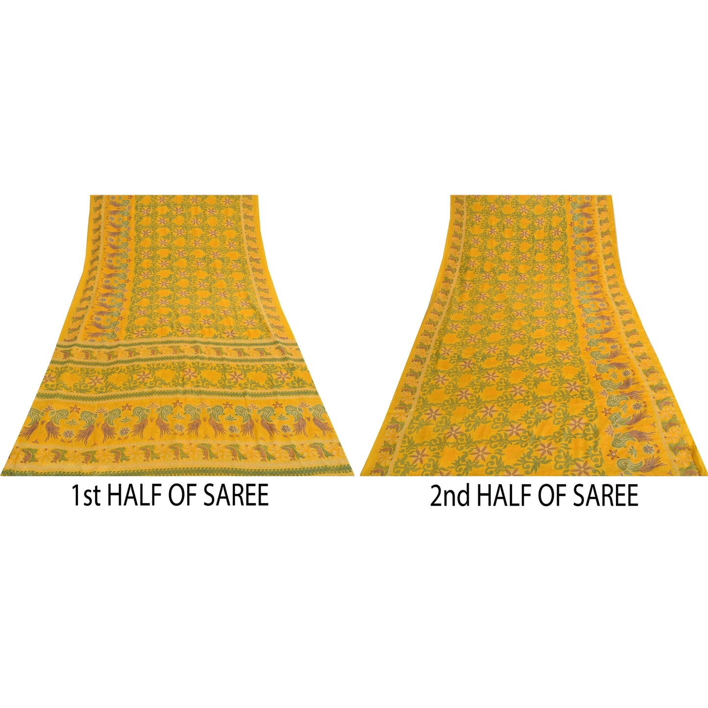 Sanskriti Vintage Yellow Indian Sari Art Silk Printed Craft Sarees 5 Yard Fabric