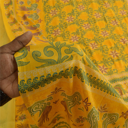 Sanskriti Vintage Yellow Indian Sari Art Silk Printed Craft Sarees 5 Yard Fabric