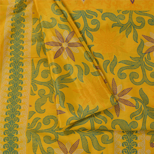Sanskriti Vintage Yellow Indian Sari Art Silk Printed Craft Sarees 5 Yard Fabric