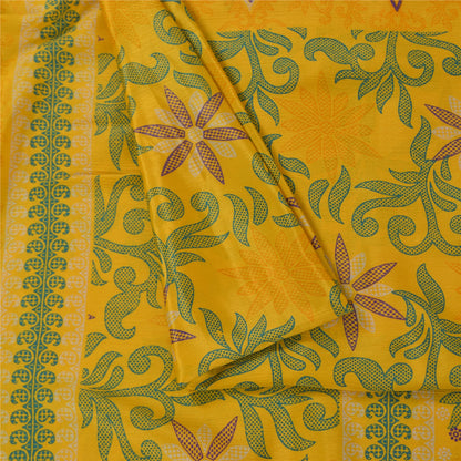 Sanskriti Vintage Yellow Indian Sari Art Silk Printed Craft Sarees 5 Yard Fabric
