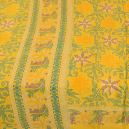 Sanskriti Vintage Yellow Indian Sari Art Silk Printed Craft Sarees 5 Yard Fabric