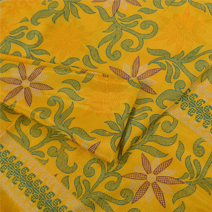 Sanskriti Vintage Yellow Indian Sari Art Silk Printed Craft Sarees 5 Yard Fabric