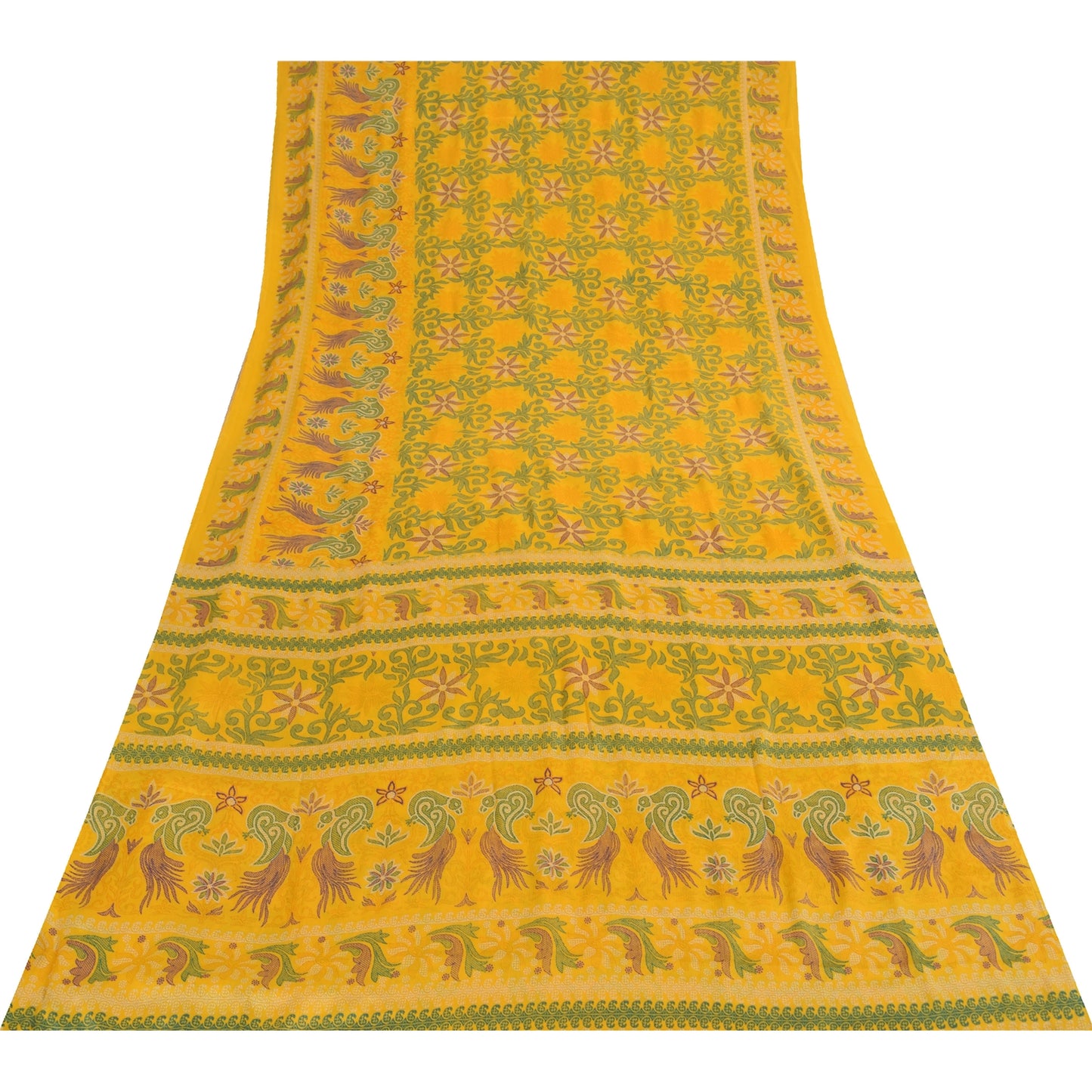 Sanskriti Vintage Yellow Indian Sari Art Silk Printed Craft Sarees 5 Yard Fabric