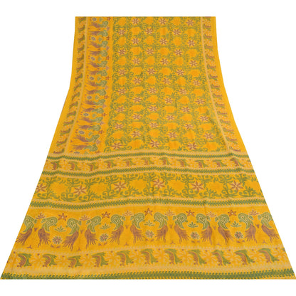 Sanskriti Vintage Yellow Indian Sari Art Silk Printed Craft Sarees 5 Yard Fabric