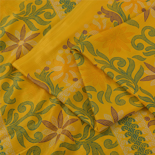 Sanskriti Vintage Yellow Indian Sari Art Silk Printed Craft Sarees 5 Yard Fabric