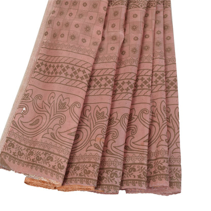 Sanskriti Vintage Peach Sari Art Silk Printed Sarees 5 yard Paisley Craft Fabric