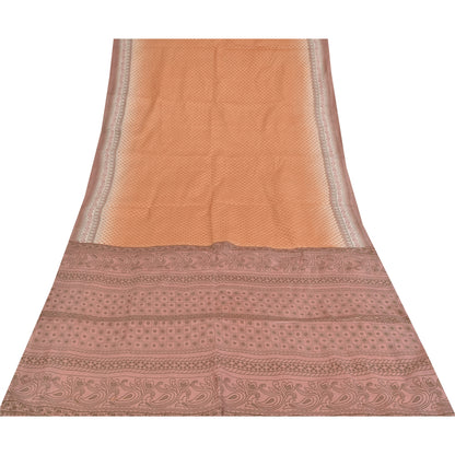 Sanskriti Vintage Peach Sari Art Silk Printed Sarees 5 yard Paisley Craft Fabric