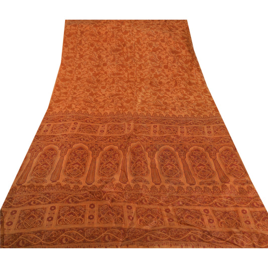 Sanskriti Vintage Orange Saree Blend Silk Printed Sari Craft 5 Yard Decor Fabric