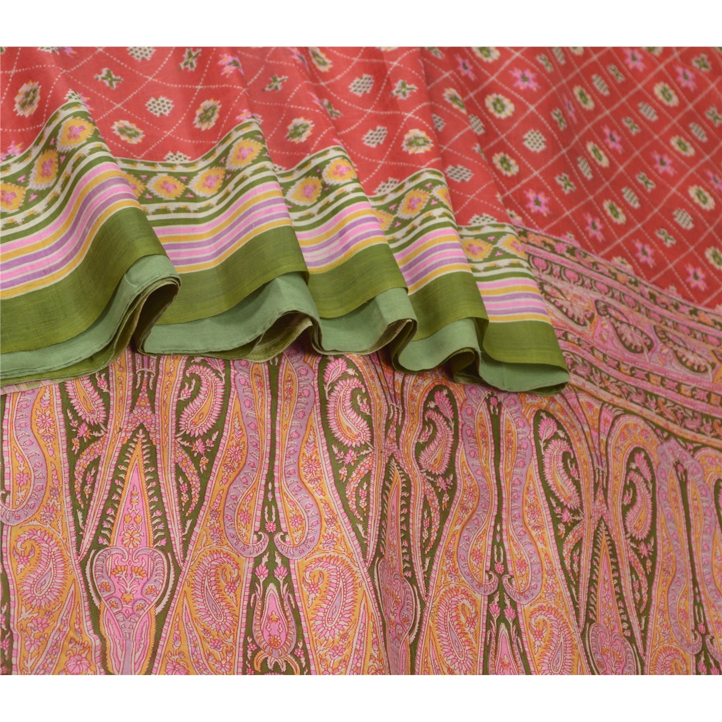 Sanskriti Vintage Red Sarees Pure Silk Print Sari Quilting Felting Craft Fabric