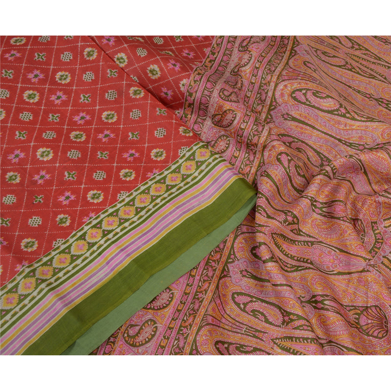 Sanskriti Vintage Red Sarees Pure Silk Print Sari Quilting Felting Craft Fabric