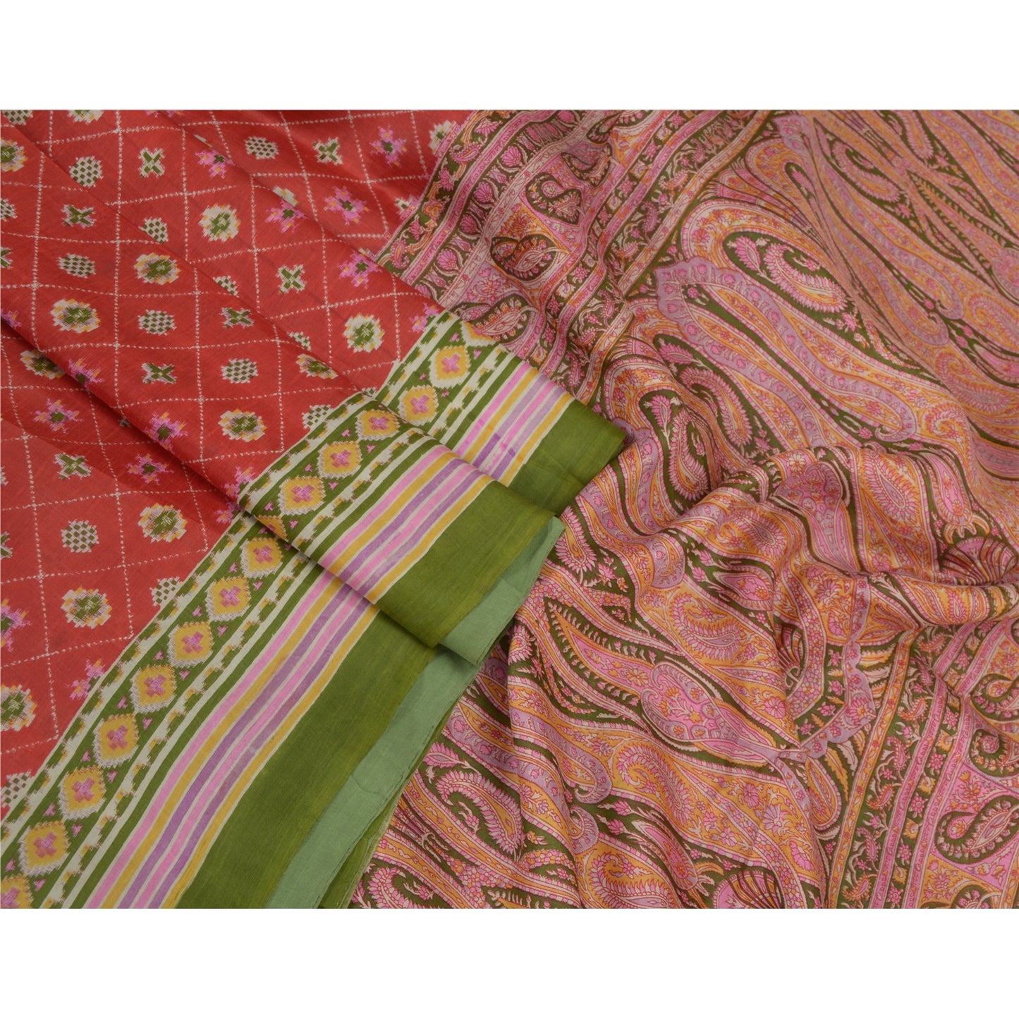 Sanskriti Vintage Red Sarees Pure Silk Print Sari Quilting Felting Craft Fabric