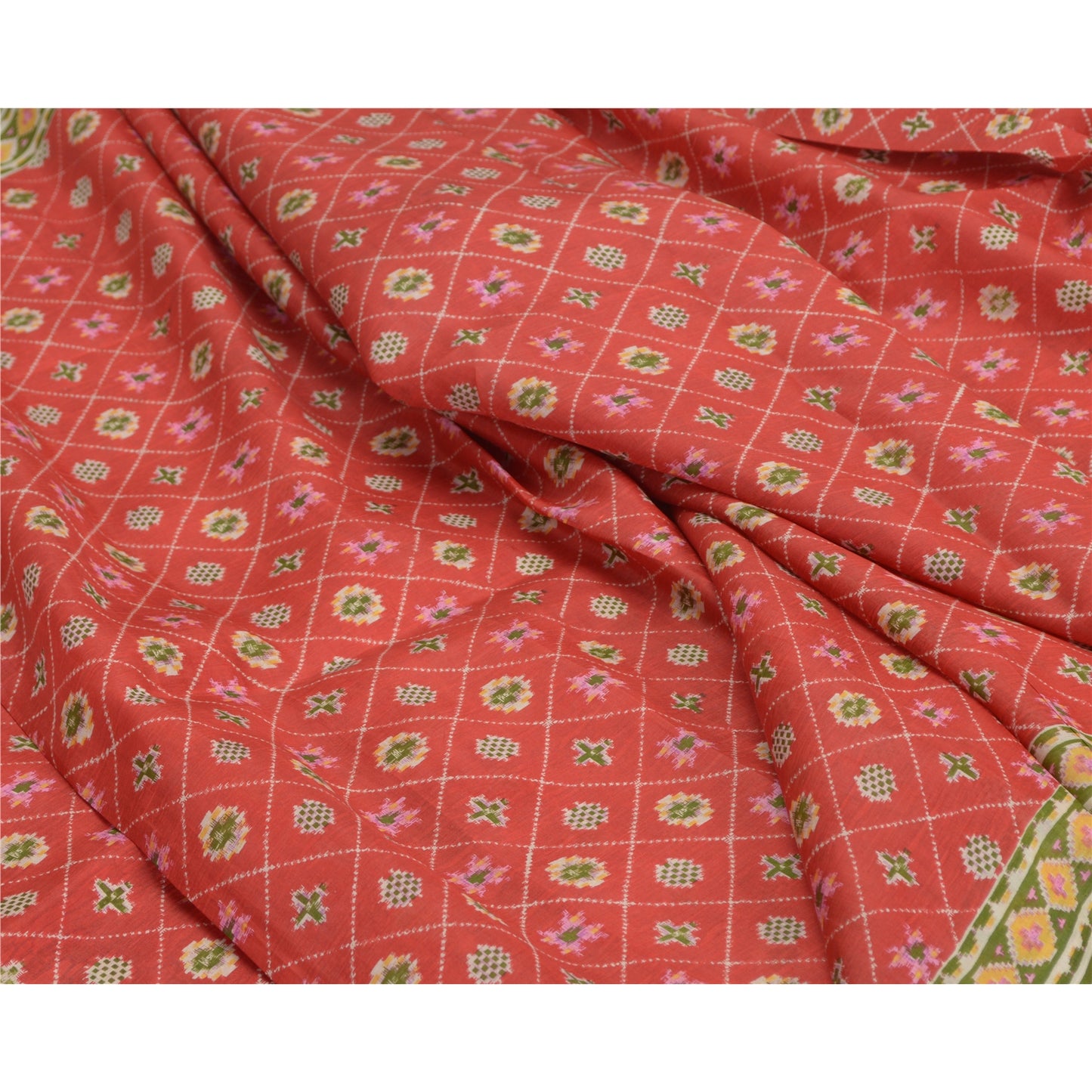 Sanskriti Vintage Red Sarees Pure Silk Print Sari Quilting Felting Craft Fabric