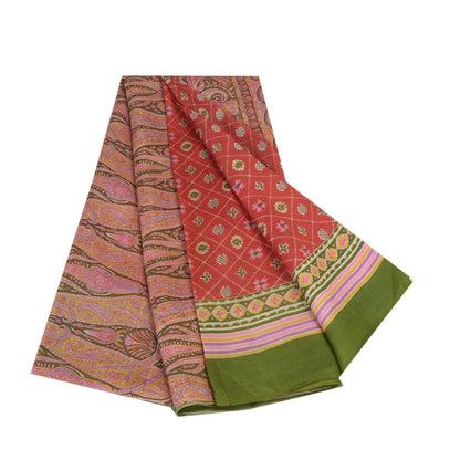 Sanskriti Vintage Red Sarees Pure Silk Print Sari Quilting Felting Craft Fabric