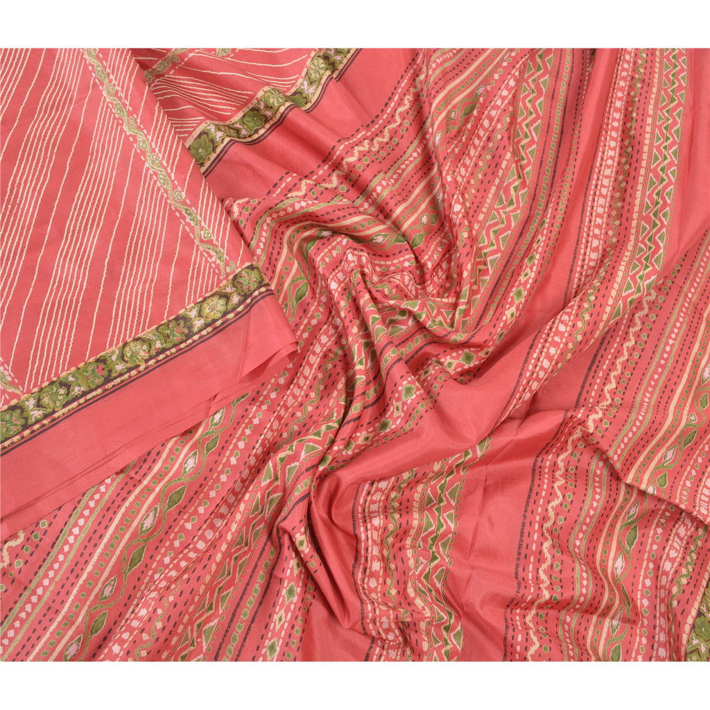 Sanskriti Vintage Pink Sarees Pure Silk Printed Sari Soft 5YD Craft Fabric