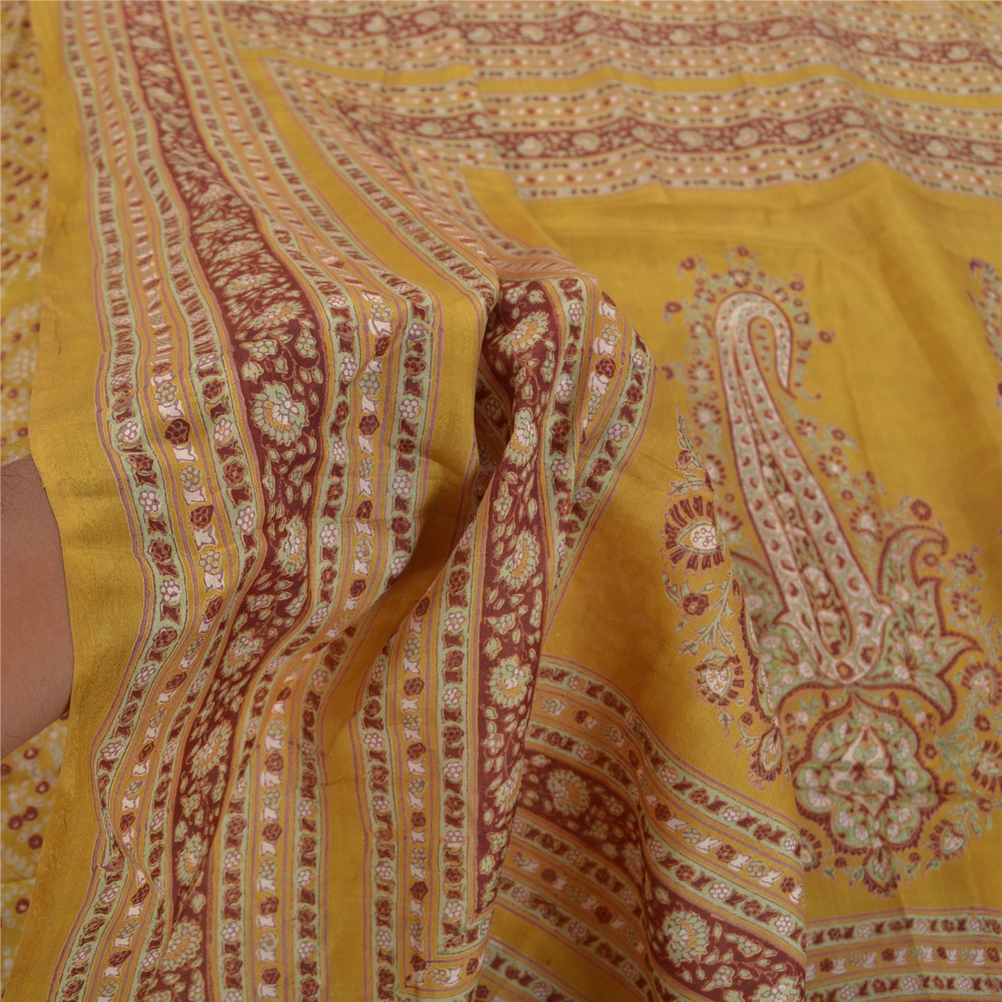 Sanskriti Vintage Mustard Green Sarees Pure Silk Block Printed 6+YD Indian Sari