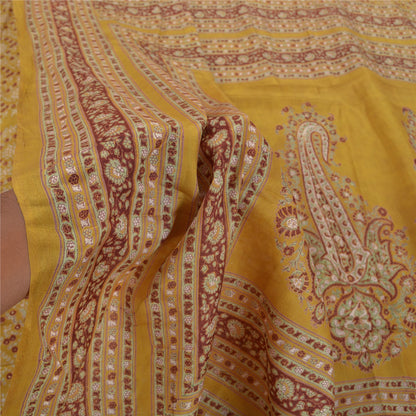 Sanskriti Vintage Mustard Green Sarees Pure Silk Block Printed 6+YD Indian Sari