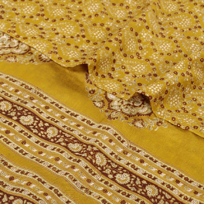 Sanskriti Vintage Mustard Green Sarees Pure Silk Block Printed 6+YD Indian Sari