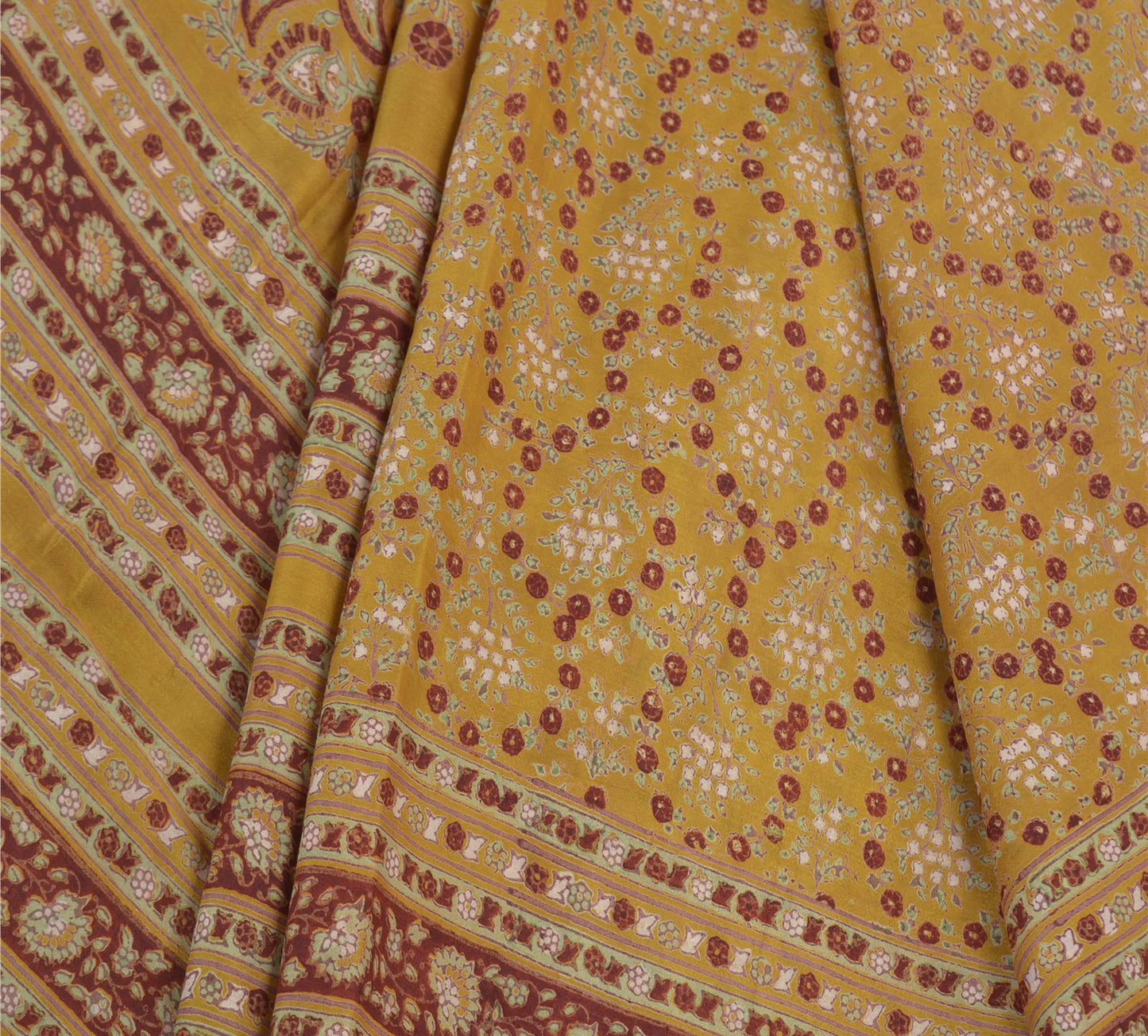 Sanskriti Vintage Mustard Green Sarees Pure Silk Block Printed 6+YD Indian Sari