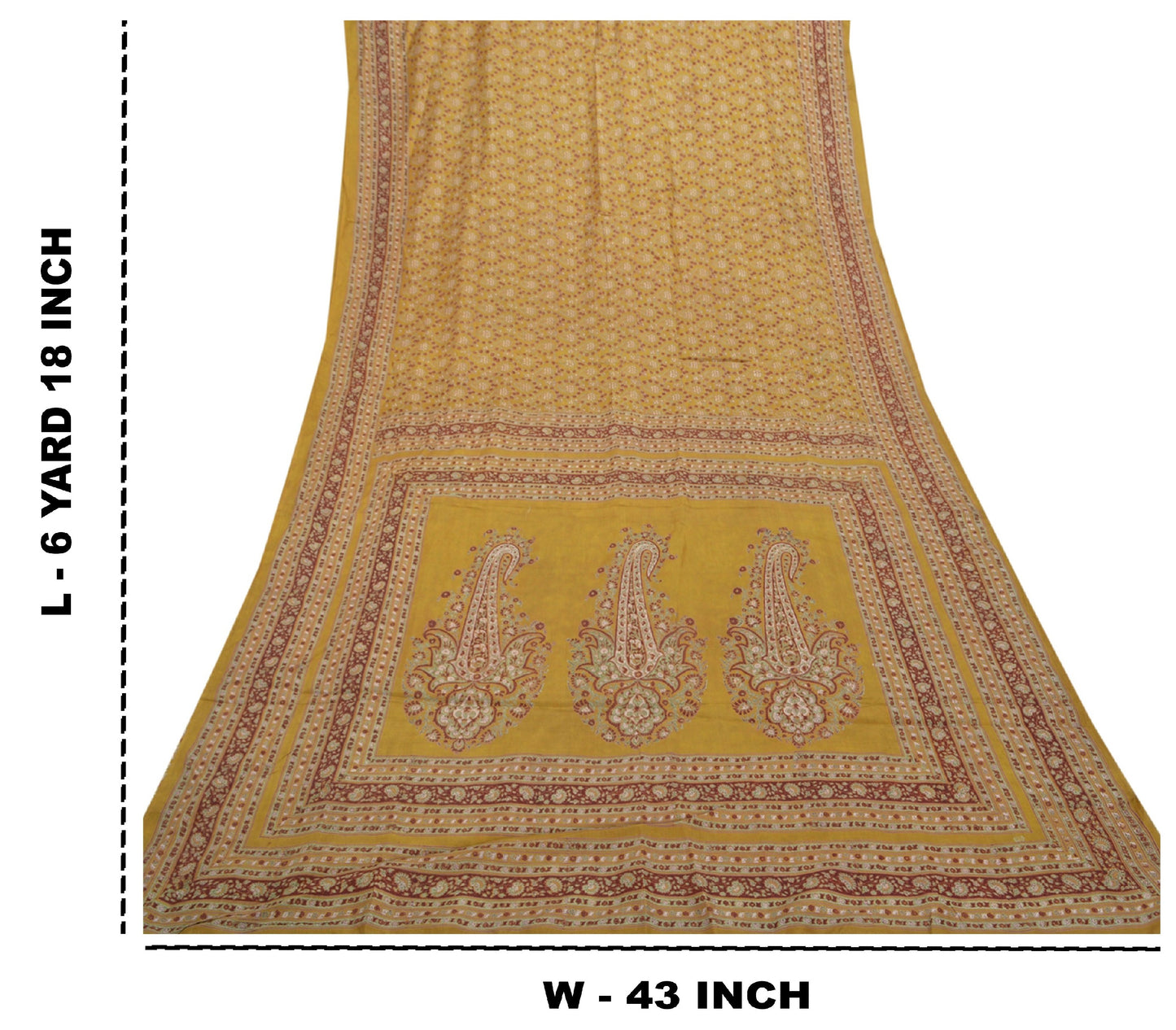 Sanskriti Vintage Mustard Green Sarees Pure Silk Block Printed 6+YD Indian Sari