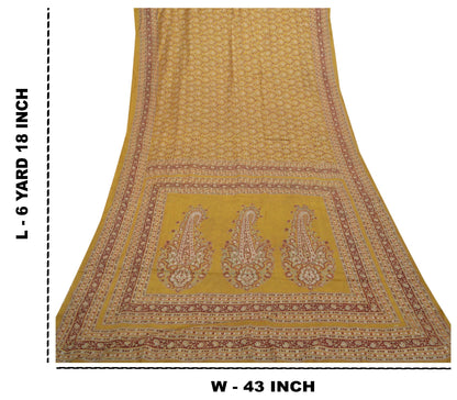 Sanskriti Vintage Mustard Green Sarees Pure Silk Block Printed 6+YD Indian Sari