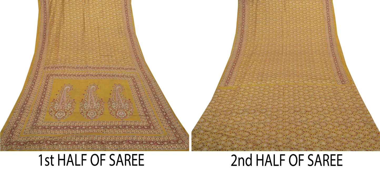 Sanskriti Vintage Mustard Green Sarees Pure Silk Block Printed 6+YD Indian Sari