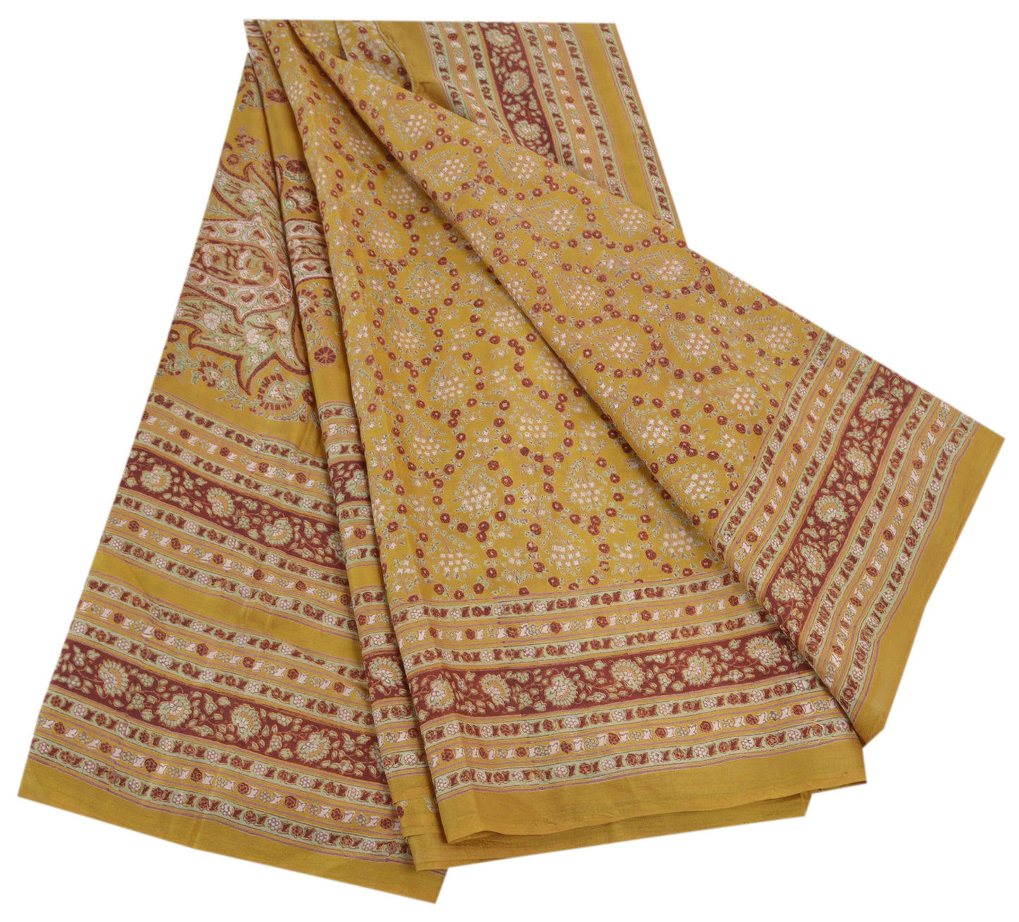 Sanskriti Vintage Mustard Green Sarees Pure Silk Block Printed 6+YD Indian Sari