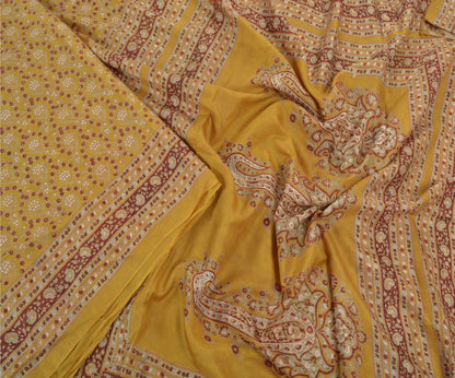 Sanskriti Vintage Mustard Green Sarees Pure Silk Block Printed 6+YD Indian Sari