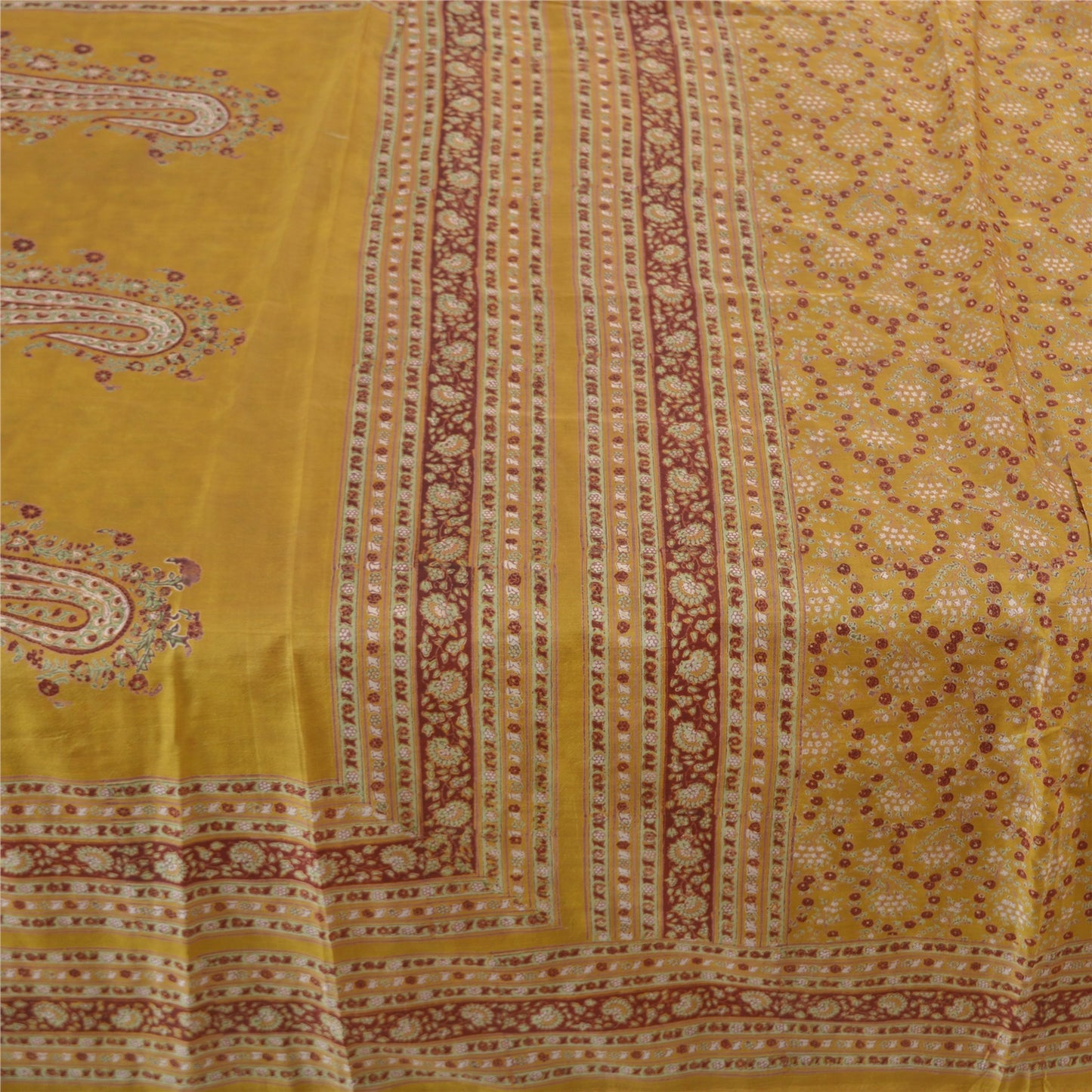 Sanskriti Vintage Mustard Green Sarees Pure Silk Block Printed 6+YD Indian Sari