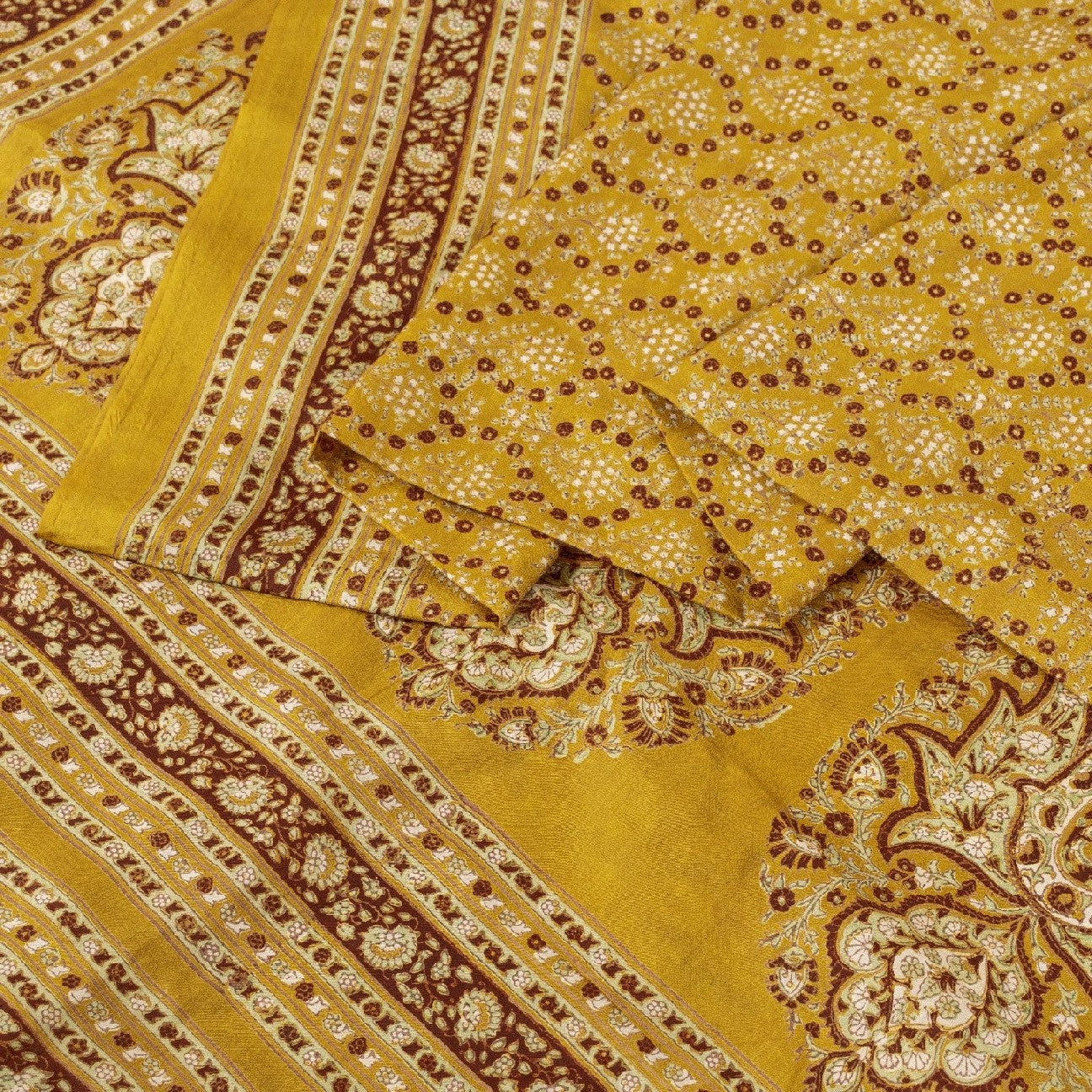 Sanskriti Vintage Mustard Green Sarees Pure Silk Block Printed 6+YD Indian Sari