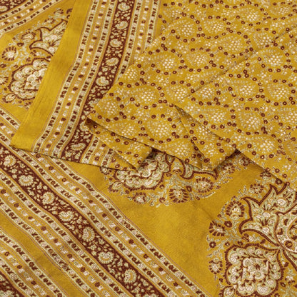 Sanskriti Vintage Mustard Green Sarees Pure Silk Block Printed 6+YD Indian Sari