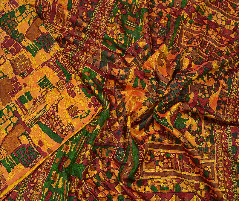 Sanskriti Vintage Indian Sarees 100% Pure Silk Printed Sari Craft 5 Yard Sustainable Fabric