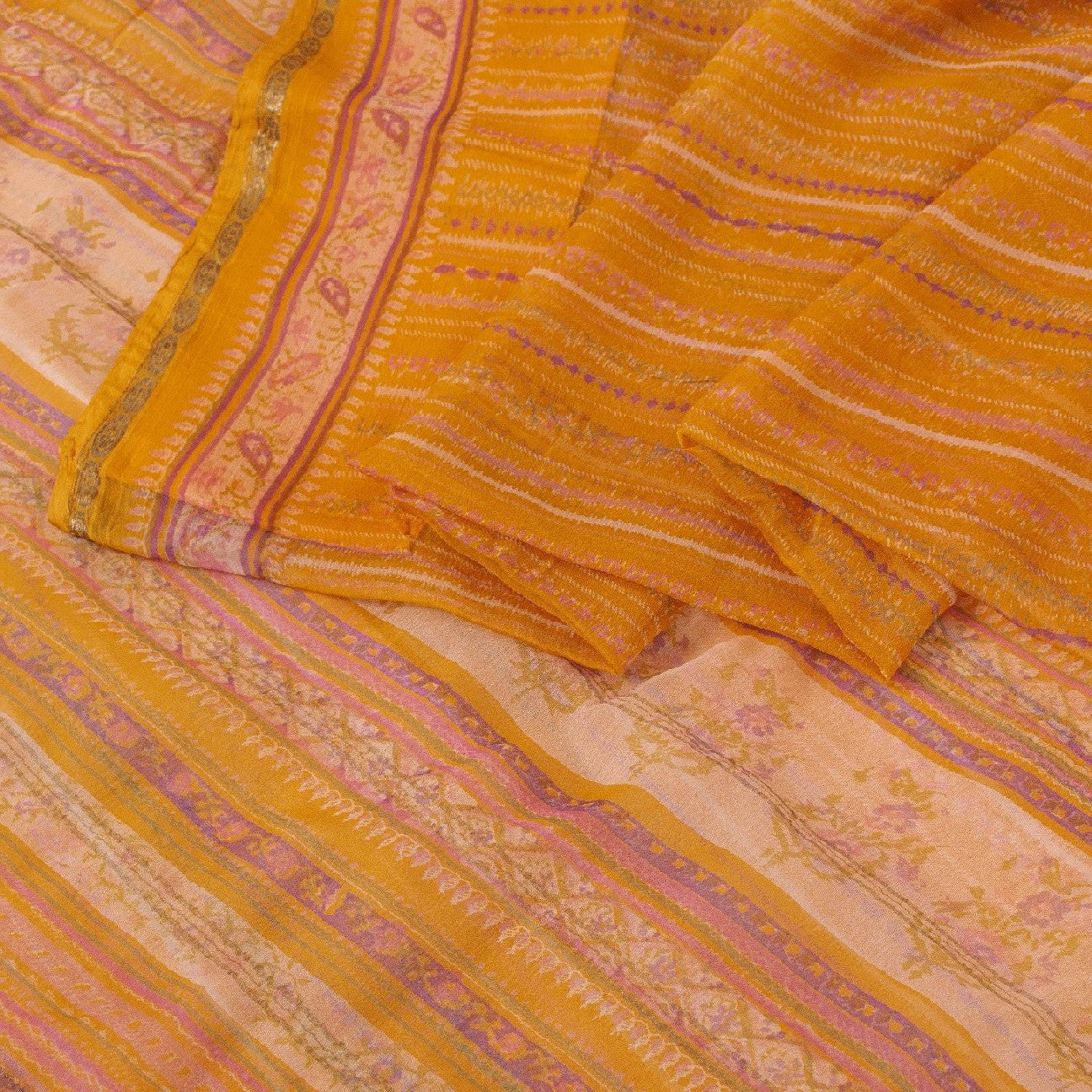 Sanskriti Vintage Mustard Sarees Indian Pure Silk Printed Sari 5yd Craft Sustainable Fabric