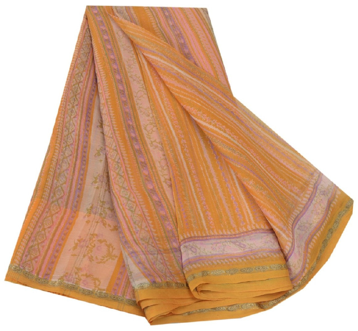 Sanskriti Vintage Mustard Sarees Indian Pure Silk Printed Sari 5yd Craft Sustainable Fabric